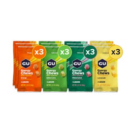GU Energy Chews, Mixed Pack Gummies with Electrolytes, Vegan, Gluten-Free, Caffeine-Free, and Dairy-Free On-The-Go Energy for Any Workout,12 Bags (24 Servings Total), Flavors May Vary