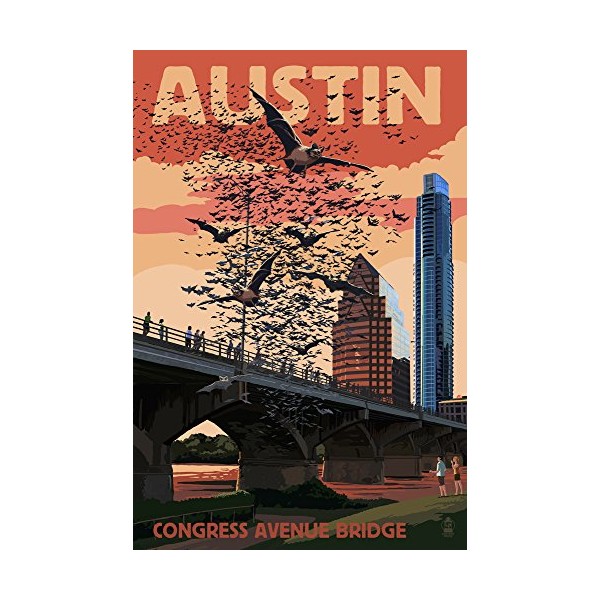 Austin, Texas - Bats and Congress Avenue Bridge (16x24 Giclee