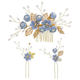 YFFSFDC Hair Ornament, Hairpin Hair Accessory, Bridal Hair Ornament, Bridal Comb, Pearl, Flower, Headdress, Flower Motif, Bridal Kimono, Coming of Age Ceremonies, Graduation Ceremonies, Weddings, Receptions, School Entrance Ceremonies, Photography (Blue,