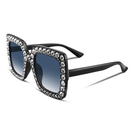 FEISEDY Women Sparkling Crystal Sunglasses Oversized Square Thick Sunglasses B2283, Black/Gradient Grey