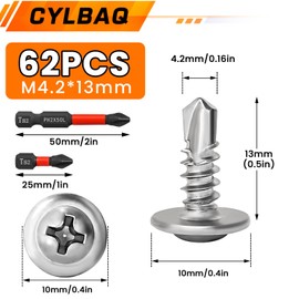 CYLBAQ Self Tapping Screws M4.2x13mm, Wafer Head Phillips Self Drilling Screws, 60pcs Self-Tapping Roofing Screw with PH2 Screwdriver Bit for Metalwork Plastics Wood Furniture