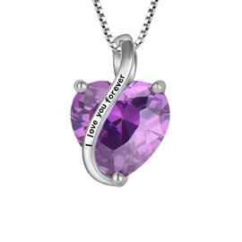 YL Women's Necklace 925 Sterling Silver "I Love You" Pendant 12 Birthstone Cubic Zirconia Necklace Jewellery Gifts for Mother Girlfriend Women, Silver, Amethyst