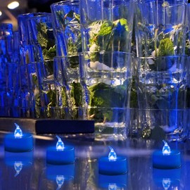 Boakboary Tea Lights Flameless Battery Operated Candles-LED Flickering Votive Candle Long Lasting 200 Hours,100 Pack Realistic and Bright for Seasonal Festive Celebrations Decoration (Blue)