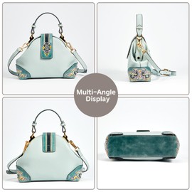 ZHIYONG Shoulder Bags for Women, Genuine Leather Shoulder Bag for Women Hand Carved Painted Leather Clutch Saddle Bag with 2 Removable Strap Cute Hobo Tote Handbag Purse (Blue)