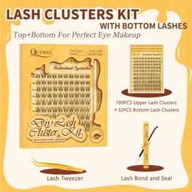 QUEWEL Eyelash Extensions with Delicate 10-18 mm Lower Cluster Lashes, Natural Look, Lash Extension Set with Lower Eyelash Clusters for Charming Eye Makeup at Home (Bottom&Upper04)