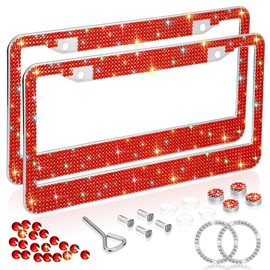 SAVORI Bling License Plate Frames for Women 2 Pack, Rhinestone Crystal License Plate Cover with Bolts Washer Caps Univerasl Bling Car Accessories for Girls (Red)