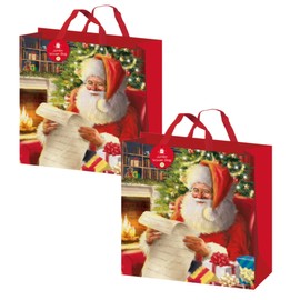 Set of 2 Large Jumbo Christmas Gift Bags Xmas Presents Woven 45cm x 45cm - Traditional Santa 3728