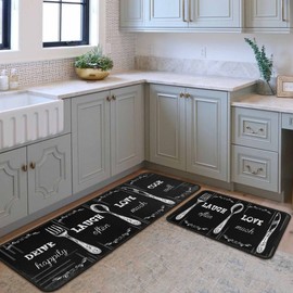 Black Kitchen Rugs and Mats Non-Slip, Washable, Stain and Fade Resistant, Suitable for Kitchen Mat Set of 2 Dinnerware Kitchen Decor 17"x47"+17"x30"