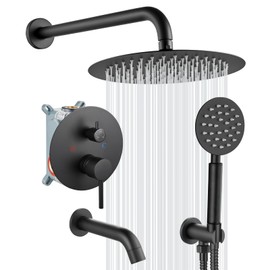 gotonovo Shower System with Tub Spout Wall Mount 3 Function Rough-in Valve Bathtub Shower Faucets Set Complete Rain 10 Inch Round Showerhead Trim Kit Combo, Round Handheld, Matte Black