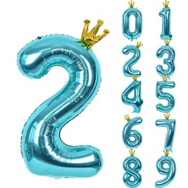 Lausatek Balloons, Number Balloons, Birthday, 40 Inches, Large, Number 2, Crown Included, Birthday Decoration, Parties, Anniversaries, Weddings, Boys, Girls, Approx. 39.4 inches (100 cm), Teal Blue,