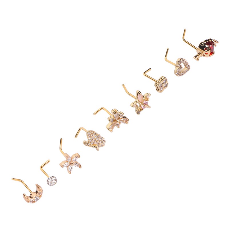 9pcs Nose Studs Set Golden Stainless Steel L Shape Shiny