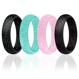 ROQ Silicone Wedding Ring for Women, Affordable Silicone Rubber Wedding Bands - White, Black with Glitter Sparkle Teal, Turquoise, Metal Look Silver, Glitter Pink, Purple, Deep Sky Blue - Size 7
