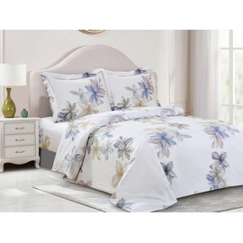 Violet Linen French Floral Botanical Pattern, Luxury Ultra Soft and Breathable 200 Thread-Count Cotton Percale, White, Twin 39-inch, 6 Piece Duvet Set, Bedding Duvet Cover Set for Two Beds