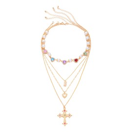 Gold Gothic Layered Cross Necklace for Women, Chunky Chain with Pearl and Colored Gemstone Accents, Vintage Large Jewelry, Bold Goth Rosary Necklaces