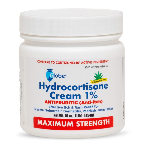 Globe Hydrocortisone Maximum Strength Cream 1% w/Aloe, 16 oz, Anti-Itch Cream for Redness, Swelling, Itching, Rash & Dermatitis, Bug/Mosquito Bites, Eczema, Hemorrhoids & More, 16 oz Jar