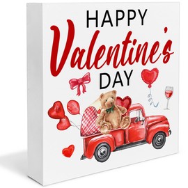 Valentines Decor, Valentine Table Decorations, Valentines Gifts for Him Her, Happy Valentines Day Wooden Decorative Sign, Home Decor for Desk Table Shelf 5 x 5 Inches