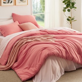 Bedsure Twin Comforter Set - 5 Pieces Coral Twin Bedding Set for All Seasons, Boho Contrasting Design Bed in a Bag with Comforter, Sheets, Pillowcase & Sham