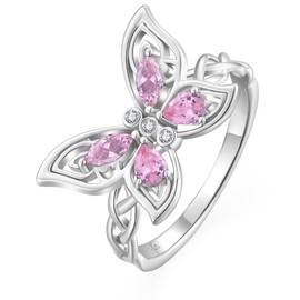 YL Big Butterfly Infinity Twisted Statement Ring for Women, Solid Sterling Silver 18K White Gold Plated Teardrop Birthstone Promise Bands Jewelry, 7, Metal, Created Pink Tourmaline