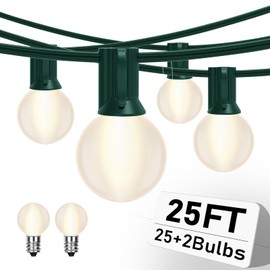 Romasaty 25FT Outdoor String Lights with 27 Frosted White Bulbs, G40 Globe Patio String Lights for Indoor/Outdoor, Connectable Hanging Lights for Backyard Porch Balcony Party Decor - Green Wire