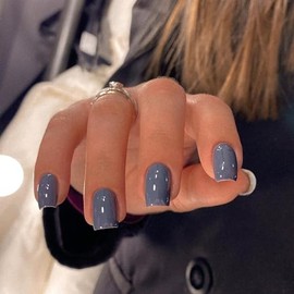 KQueenest Prensa Corta En Uñas Juego de Uñas Cuadradas Gris, Uñas Falsas de Color Oscuro Clavos de Gel Presione Ons Uñas Acrílicas Pegamento Corto En 