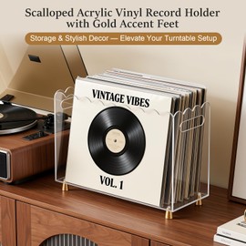 Swiscena Acrylic Vinyl Record Holder,Vinyl Record Storage with Luxe Gold Metal Feet and Scalloped Edge Design, Portable Handle, Space-Saving Organizer for 7/10/12 Inch LP Records