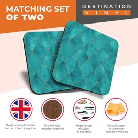 Great Coasters (Set of 2) Square/Glossy Quality Coasters/Tabletop Protection for Any Table Type - Teal Blue Geometric Tiles #2527