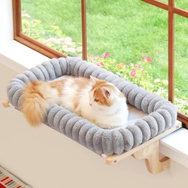 Zakkart SnugCloud Cat Window Perch with 4-Sided Bolster - Orthopedic Cat Hammock for Window Sill - Solid Hardwood & Metal Frame - Window Seat for Pets (Natural Color Wood w/Gray Bed, Medium)
