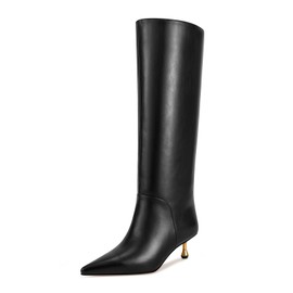 wetkiss Knee High Boots for Women Black Kitten Heel Boots Wide Calf Boots Women Pointed Toe Faux Leather Tall Boots with Side Zipper Black Long Boots, Size 8
