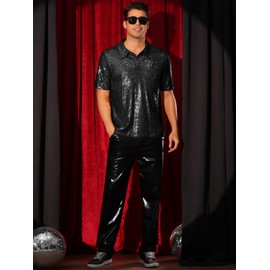 Lars Amadeus Black Sequin Shirts for Men's Sequin Short Sleeve Sparkle Prom 70s Disco Party Glitter Polo Small