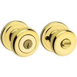 Kwikset Juno Entry Door Knob with Lock and Key, Secure Keyed Handle Exterior, Front Entrance and Bedroom, Polished Brass, Pick Resistant SmartKey Rekey Security