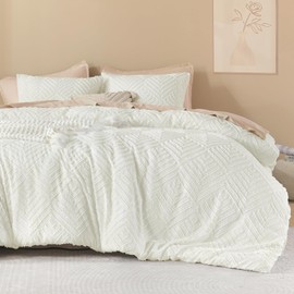 Litanika Ivory Queen Comforter Set, 3 Pieces Tufted Boho Farmhouse Bedding Comforter Sets, Lightweight Fluffy Comforter Bed Set for All Season (90x90In Comforter and 2 Pillowcases)