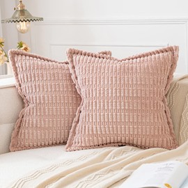 MIULEE Pink Corduroy Decorative Throw Pillow Covers Pack of 2 Soft Striped Pillows Pillowcases with Broad Edge Modern Boho Home Decor for Couch Sofa Bed 20x20 Inch