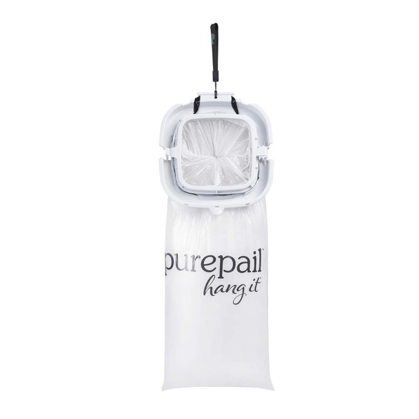 PurePail Hang It Diaper Disposal System – White – Odor Control for On-the-Go – Hang from Anywhere – Perfect for Car & Grandparents – Includes 1 Hang It + 5 Lavender Scented Refill Bags + 1 Travel Case