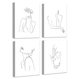 Minimalist Line Art Prints Wall Decor - Abstract Flower Line Art - Modern Black and White Artwork - Women Office Bedroom Bathroom Decoration - FRAMED, 8"x10", 4 Piece Set