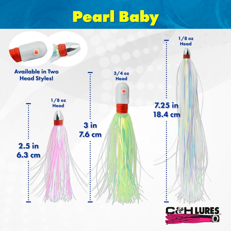 C&H Lures Pearl Baby Lure, Silver Tinsel Skirt, 3/4 oz