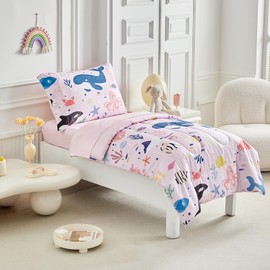 Joyreap 4 Piece Toddler Bedding Set for Girls- Pink Butterflies n Flowers Patchwork Toddler Comforter Set, Includes Quilted Comforter, Fitted Sheet, Top Sheet, and Pillow Case