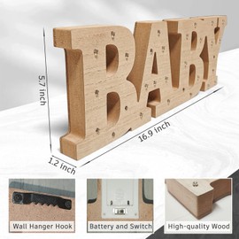 KAMUFU 16.9×5.7×1.2IN Wooden LED BABY Light Up Letter Baby Marquee Light Up Letter, Warm White Baby Letters for Baby Shower Baby Sign Perfect for Baby Shower, Home Bedroom Nursery Table Wall Decor