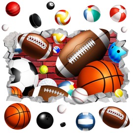 3D Sport Wall Stickers Ball Wall Decal Peel and Stick Sports Stickers Large Ball Wallpaper Sport Theme Decor Basketball Football Soccer Tennis Balls Decals for Boys Kids Bedroom Playroom