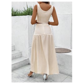 MakeMeChic Women's 2 Piece Outfits Wide Strap Cami Crop Top and Ruffle Long Skirt Set, Apricot, X-Large