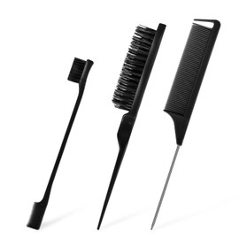 3 Pcs Slick Back Hair Brush Set, with Edges brush, Rat Tail Comb, Bristle Hair Brush Teasing Hair Brush, Hair Styling Comb for Hairdresser Women Children Baby (Black)