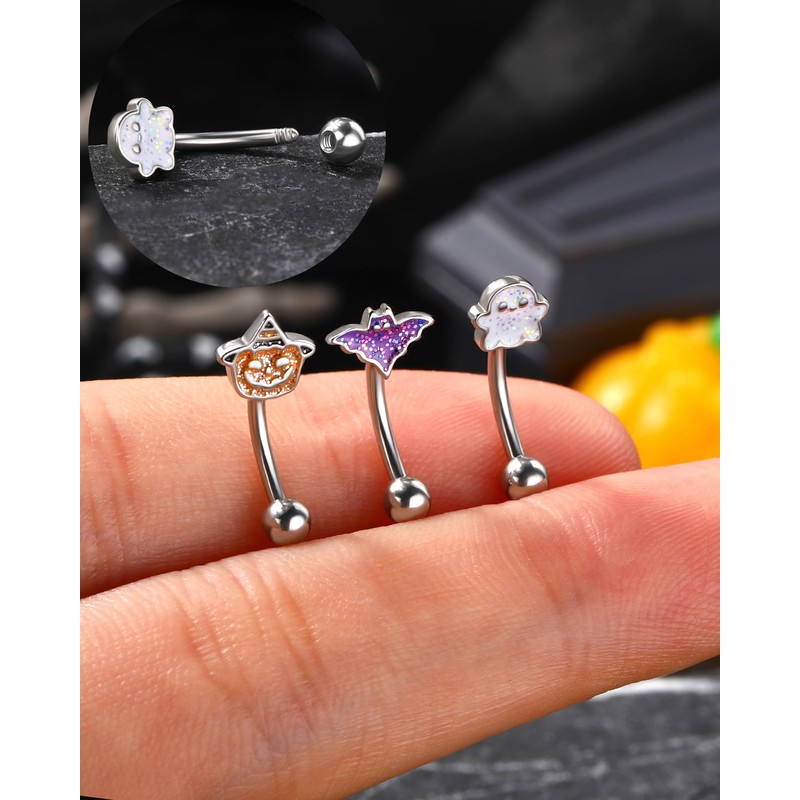 Agrewd 3PCS Halloween Rook Earrings 16G Silver Rook Eyebrow Jewelry