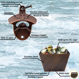 Luwanburg Anchor Bottle Opener Wall Mounted Rustic Beer Top Opener with Cap Catcher Bucket Drained Holes for Nautical Coastal (Antique Copper)