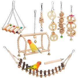 8 Piece Wooden Bird Toys Hanging Chew Toy Swing Ladder Perch Parrot Buddy Cockatiel Bird Toy Playground (8pcs B)