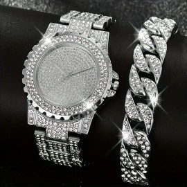 Luxury Quartz Watch with Rhinestones - Two-piece Watch and Bracelet Set, Fashionable Outfit SetColor: Silver