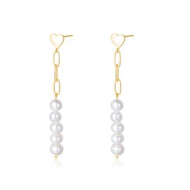 SLUYNZ Sterling Silver Thick Chain Pearls Dangle Earrings for Women Teens Pearls Dangle Earrings Heart Studs (B-Gold)