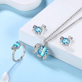 March Birthstone Crystal Aquamarine Elephant Necklace Ring Earrings Set 3pcs Set White Gold Over Sterling Silver Cute Elephant Jewelry Gift for Mom Daughter Christmas Day Birthday Gift FS0195M