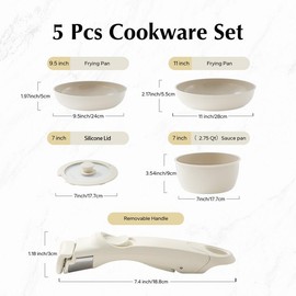 [Live Exclusive] Redchef Non-Stick Pots and Pans Set with Removable Handle, Ceramic Coating Non-Toxic Cookware Set, PFAS PFOA & PTFE Free, Stackable 5 Piece Space Saving for Home, Kitchen, Apartment, RV(Cream)