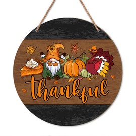 Thankful Turkey Pumpkin Gnome Thanksgiving Door Wooden Sign Decor, Farmhouse Thanksgiving Wood Hanging Signs Decorations for Home Office Kitchen Front Door