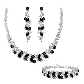 Brilove Women's Wedding Jewellery Set for Brides Bridesmaid Cluster Leaf Crystal Collar Bib Necklace Tennis Bracelet Leaves Dangle Earrings Black Silver-Tone