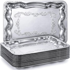 FoldTier 12 Pack Serving Trays Set for Party, Butterfly Floral Bronze Platter Engraved Mirror Tray, 15.8 x 11.6 Inches Elegant Metal Plate for Food Appetizer Cookies Desserts (Silver)